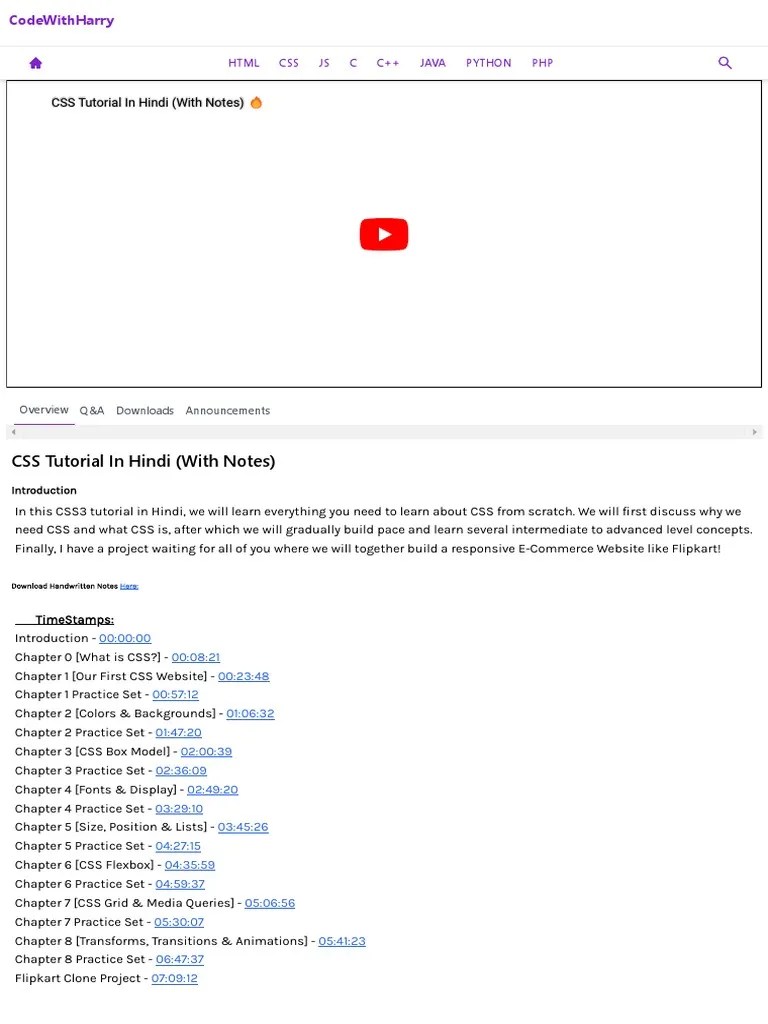 CSS Tutorial In Hindi (With Notes) : HTML CSS JS C C++ Java Python PHP ...