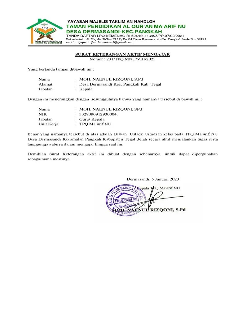 Surat Keterangan Mengajar PDF | PDF