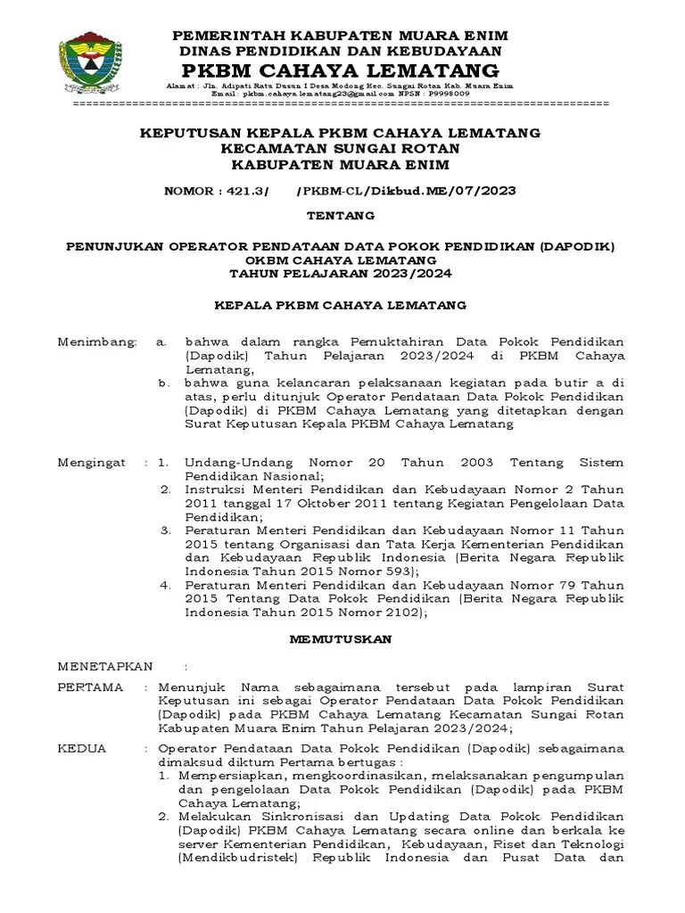 Format Sk Operator Dapodik 2022 Pkbm Versi Baru Pdf
