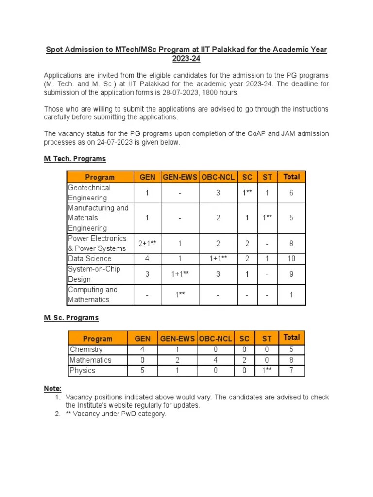 Spot Admission To MTech - MSC Program At IIT Palakkad For The Academic Year 2023-24 | Download ...