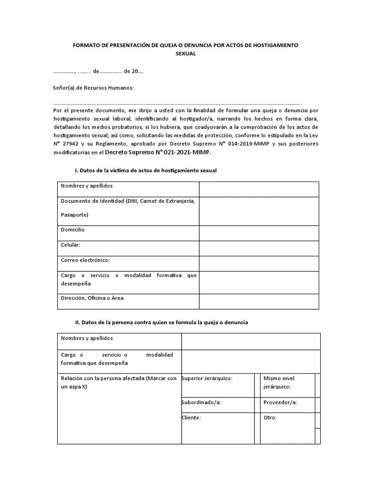 Formato De Presentación De Queja O Denuncia Por Actos De Hostigamiento | PDF | Acoso | Justicia
