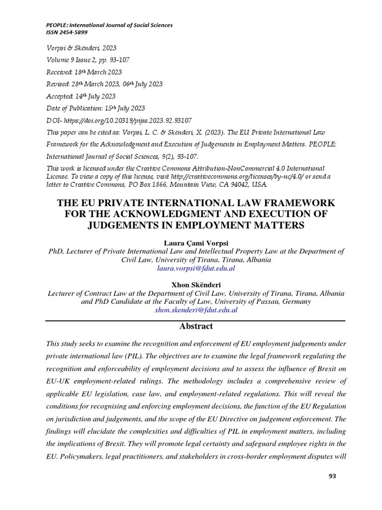 The Eu Private International Law Framework For The Acknowledgment And Execution Of Judgements In ...