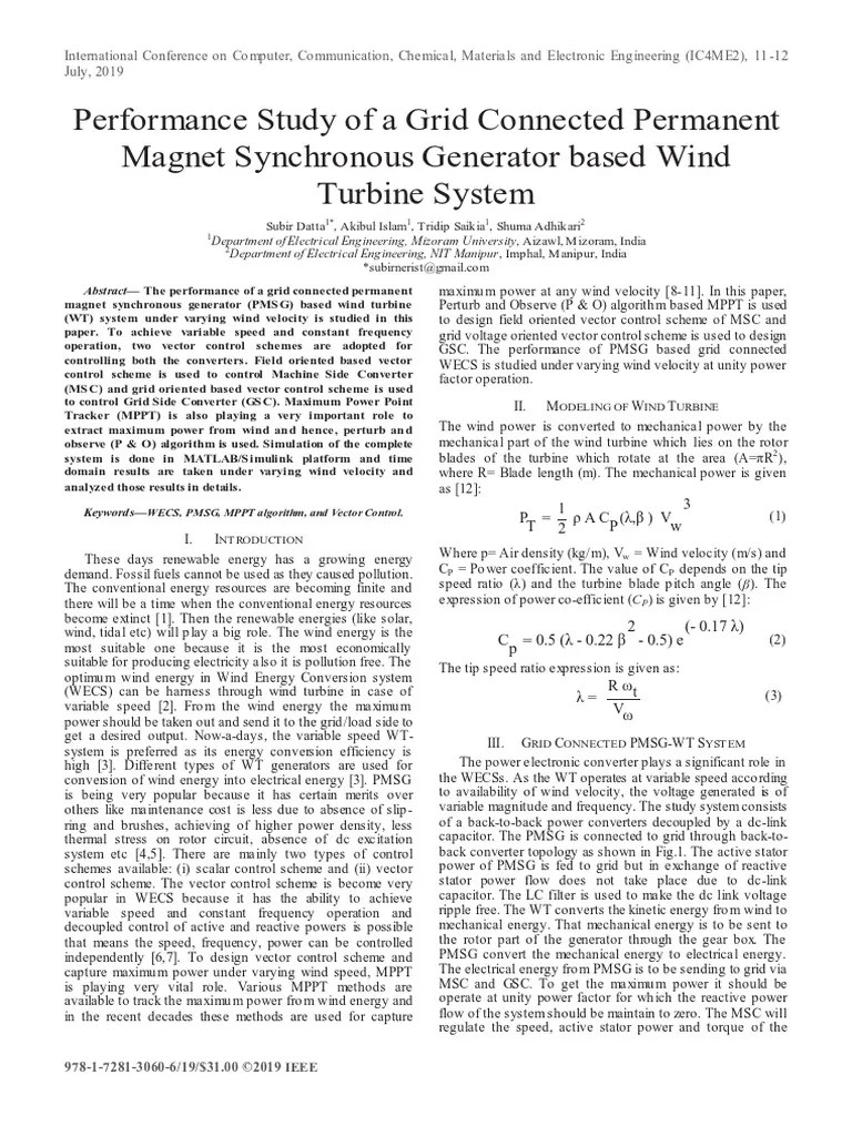 Performance Study Of Grid Connected PMSG Based Wind Turbine System | PDF | Electric Generator ...