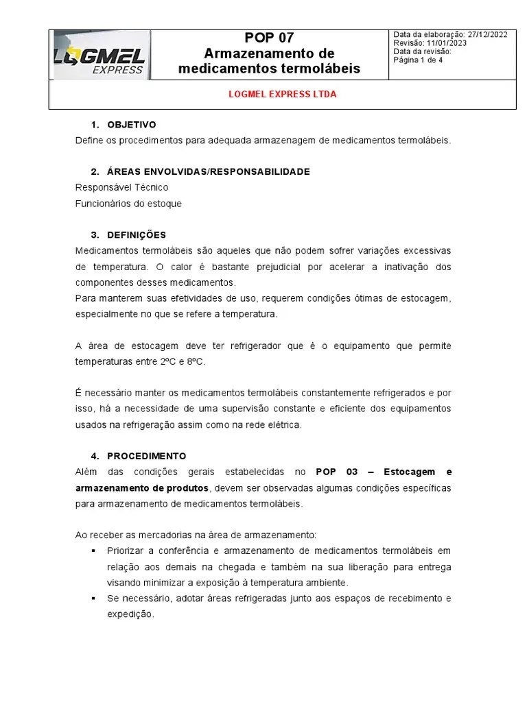 POP 07 - Armazenamento De Medicamentos Termolábeis | PDF | Temperatura ...