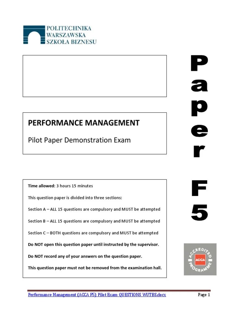 Performance Management Acca F5 Pilot Exam Questions Wutbs | PDF