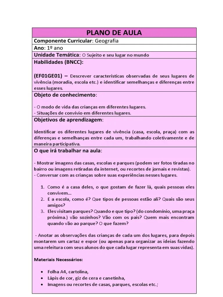 PLANO DE AULA GEOGRAFIA - 1º Ano Ens. Fundamental - BNCC | PDF