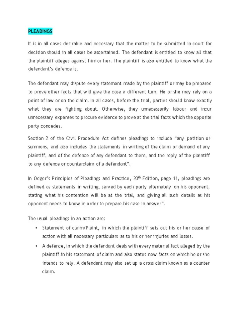 Pleadings Civil Procedure | PDF