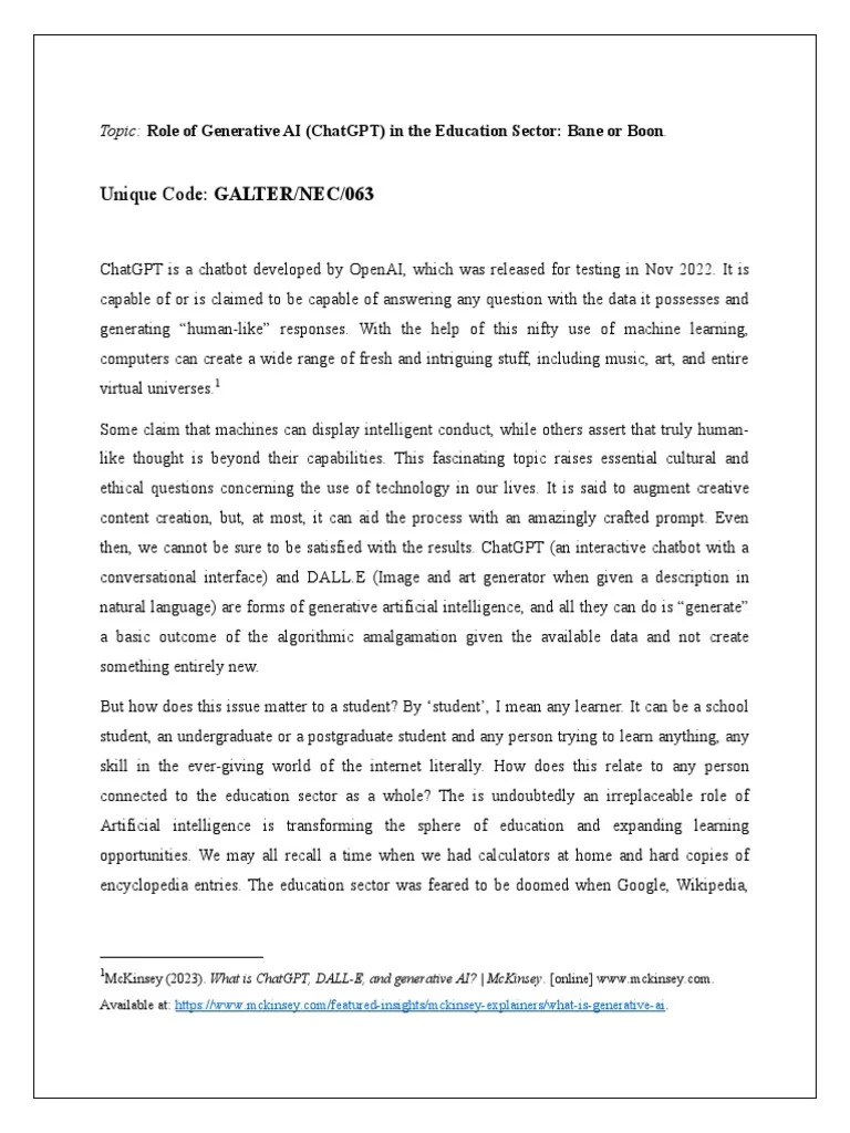 Role Of ChatGPT In Education Sector-Boon Or Bane (Essay) | PDF