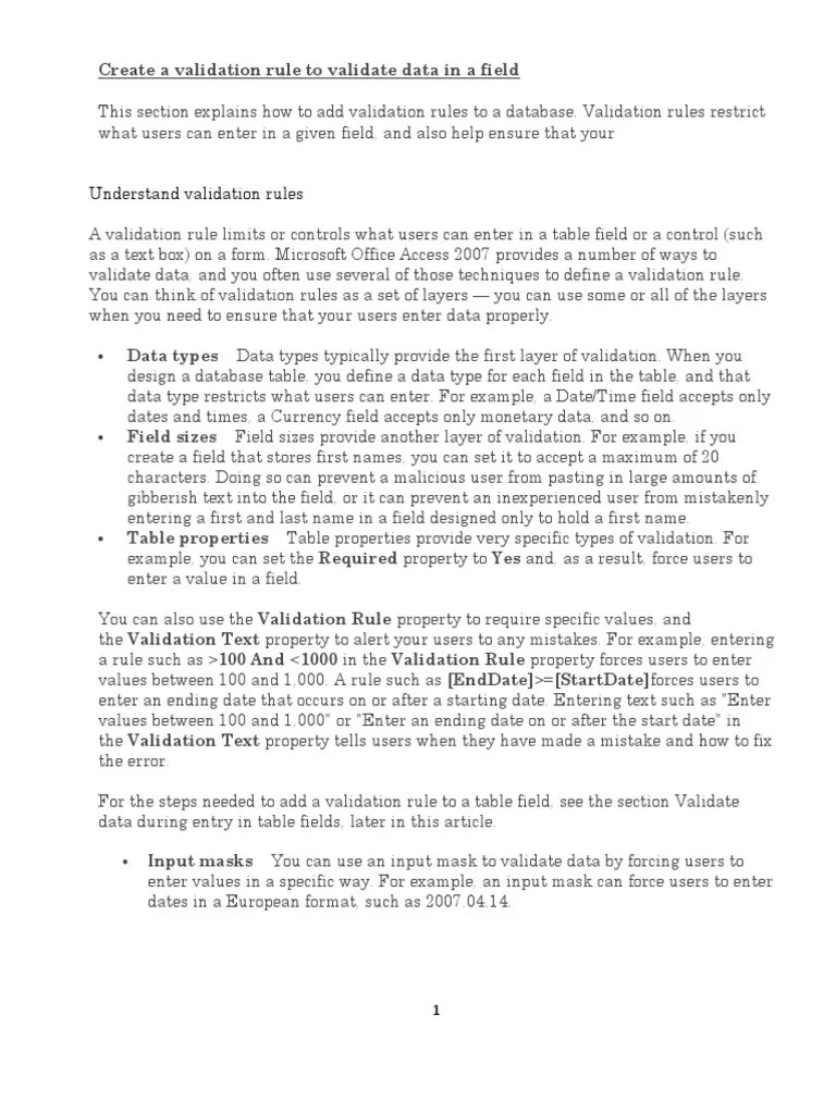 Create A Validation Rule To Validate Data In A Field | PDF | Visual ...