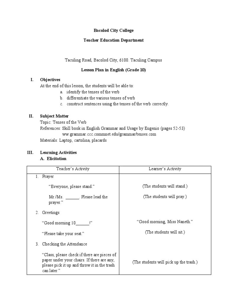 Tenses Of Verb Lesson Plan | PDF | Grammatical Tense | Verb