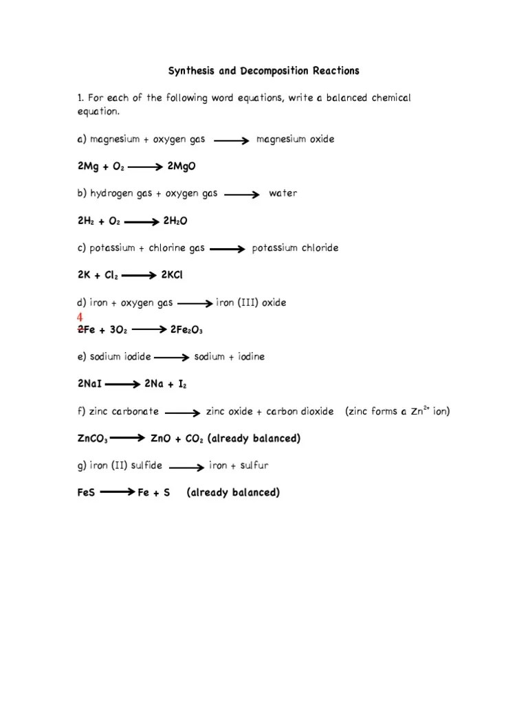 17 - All Reaction Types Worksheet Answers | PDF | Chlorine | Oxide