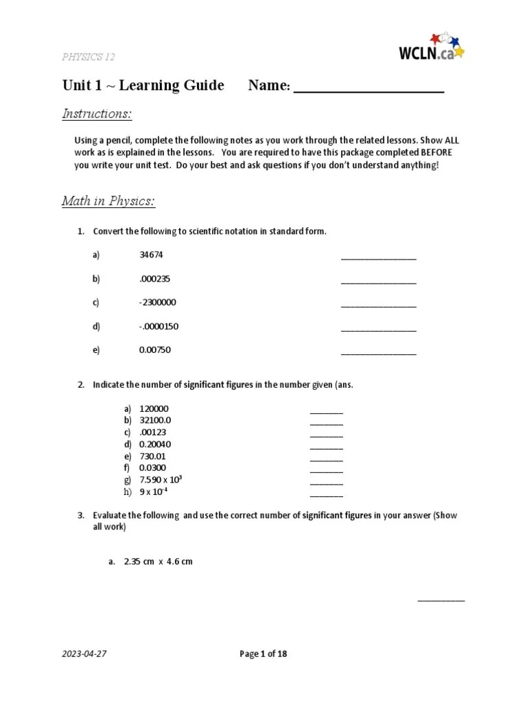 Physics 12 - Unit 1 Learning Guide | PDF | Acceleration | Velocity