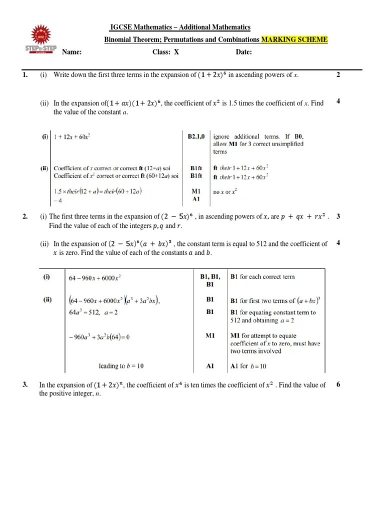 Binomial Theorem P And C Worksheet MARKING SCHEME | PDF | Arithmetic | Mathematical Concepts