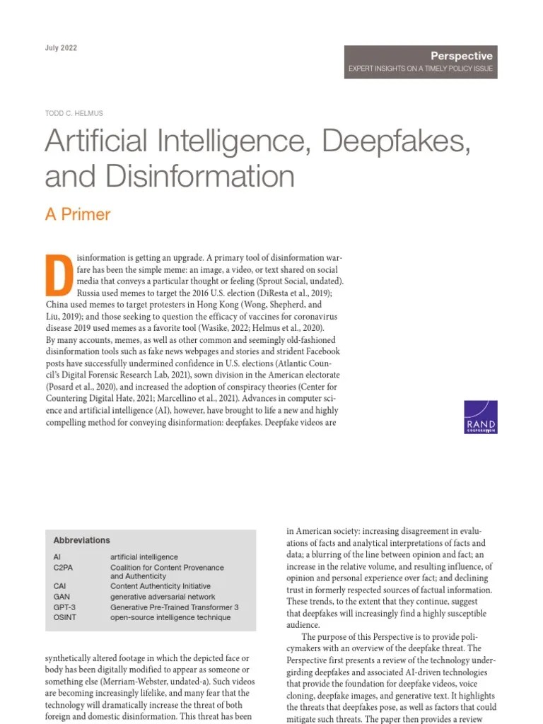 Artificial Intelligence, Deepfakes, And Disinformation | Download Free ...