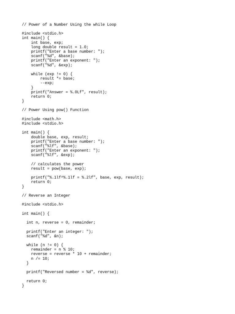 C Style Calculate The Power Of A Number, Reverse A Number, Count Number ...