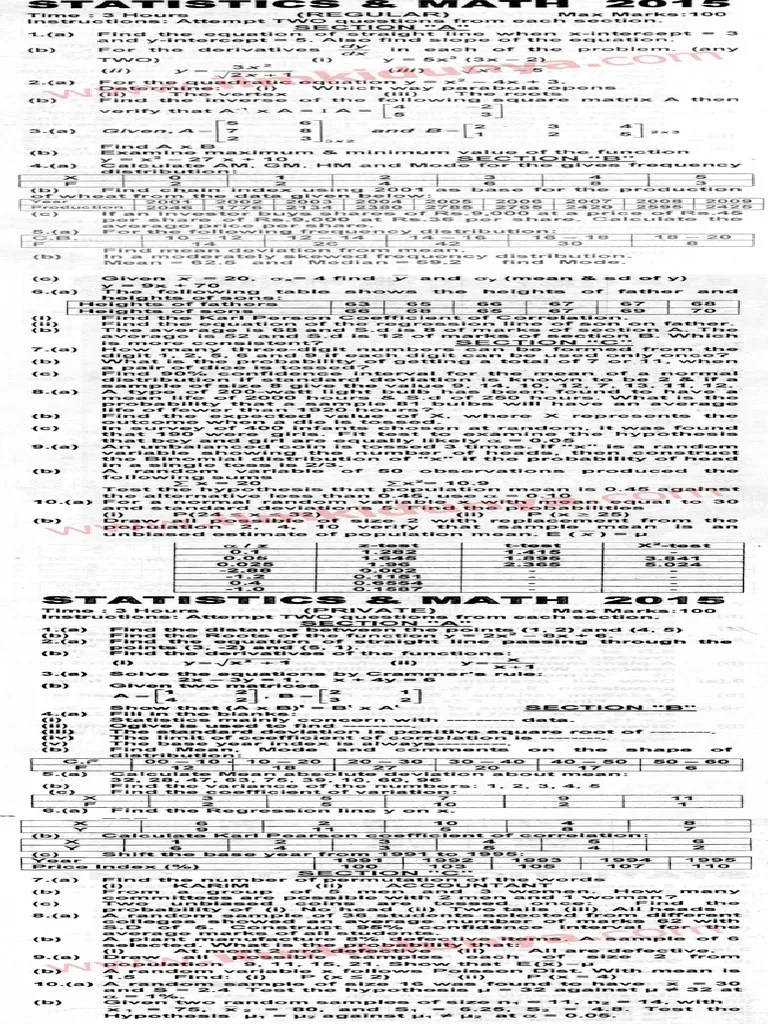 Past Papers 2015 Karachi University BCom Part 1 Statistics Mathematics English Version | PDF