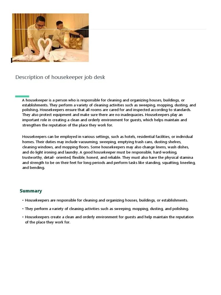 Description Of Housekeeper Job Desk - Made With Diffit | PDF | Housekeeping | Cleaning