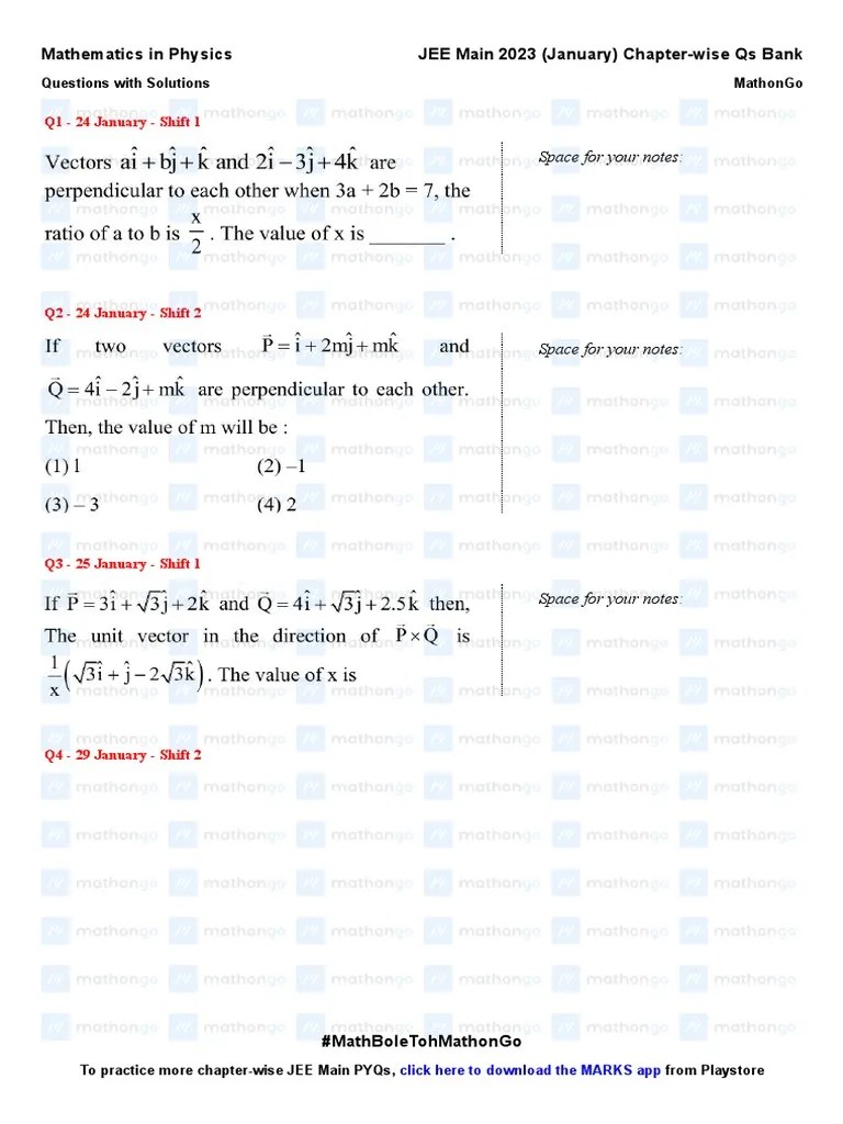 Mathematics In Physics - JEE Main 2023 January Chapter Wise Questions By MathonGo | PDF
