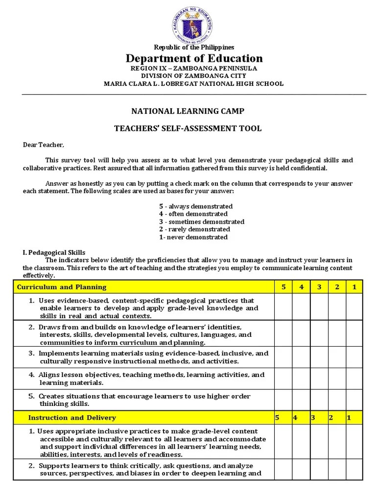 Teachers Self Assessment Tool | PDF | Learning | Educational Assessment