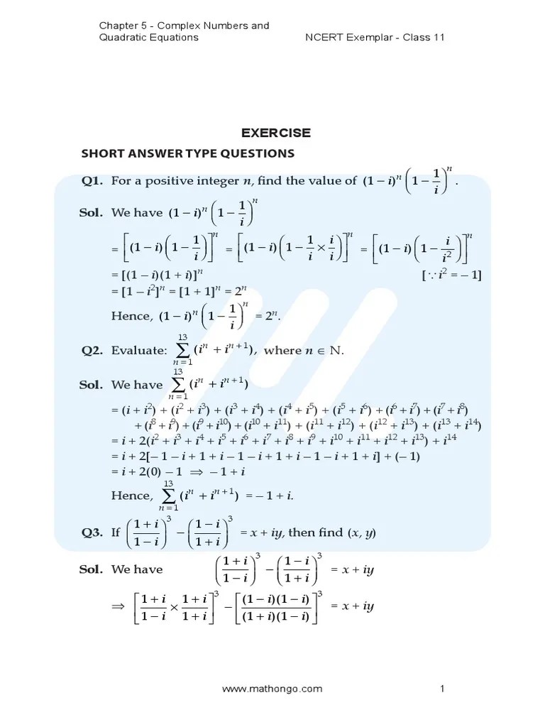 Ncert Exemplar Math Class 11 Chapter 05 Complex Numbers And Quadratic ...