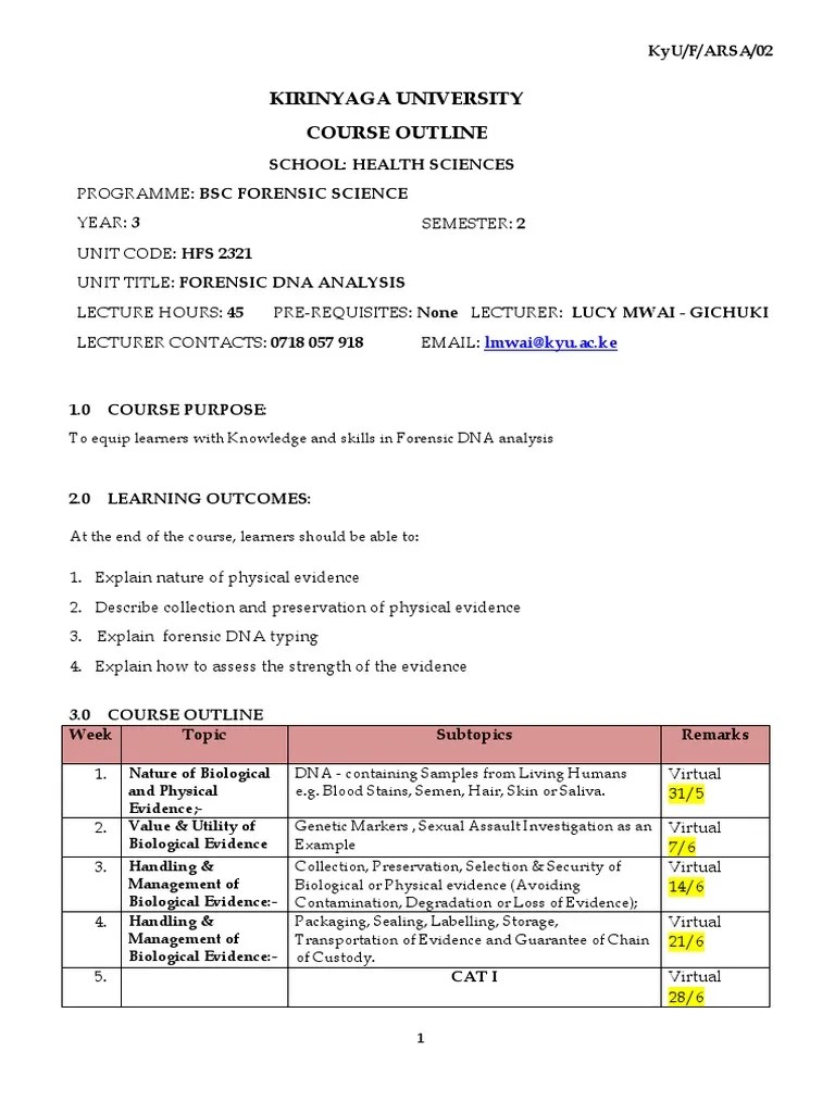 COURSE OUTLINE - HFS 2321 - FORENSIC DNA ANALYSIS - BSC Forensic Science Course (Y3, S2) | PDF ...
