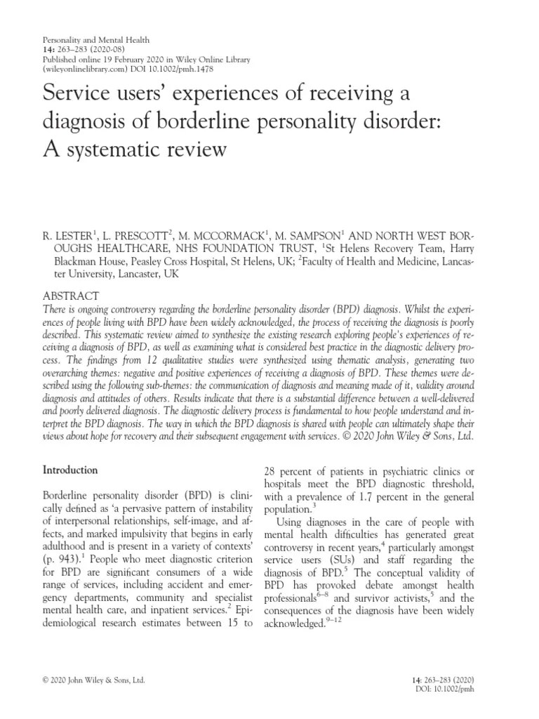 Service Users' Experiences Of Receiving A Diagnosis Of Borderline Personality Disorder: A ...