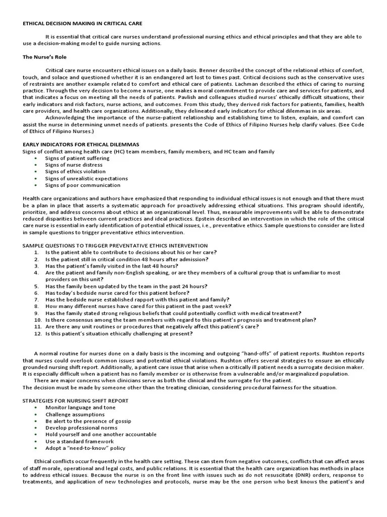 Ethical Decision Making In Critical Care | PDF