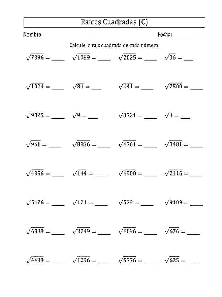 Hoja De Ejercicios RAIZ CUADRADA 4 Cifras | PDF