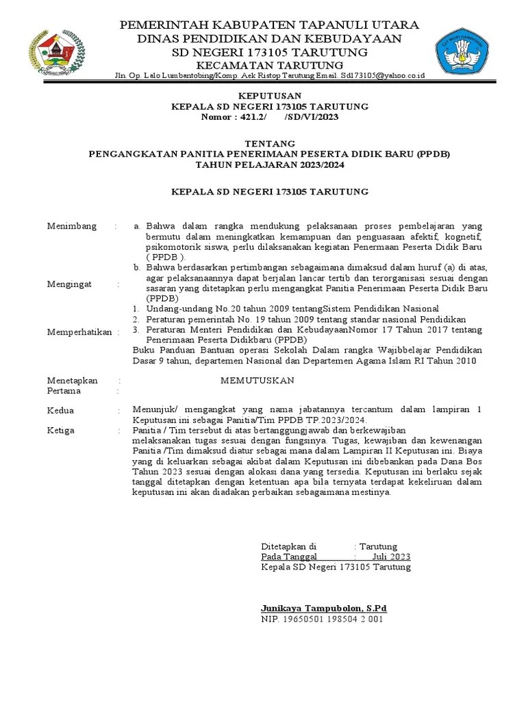 SK Penerimaan Siswa Baru 2023-2024 | PDF