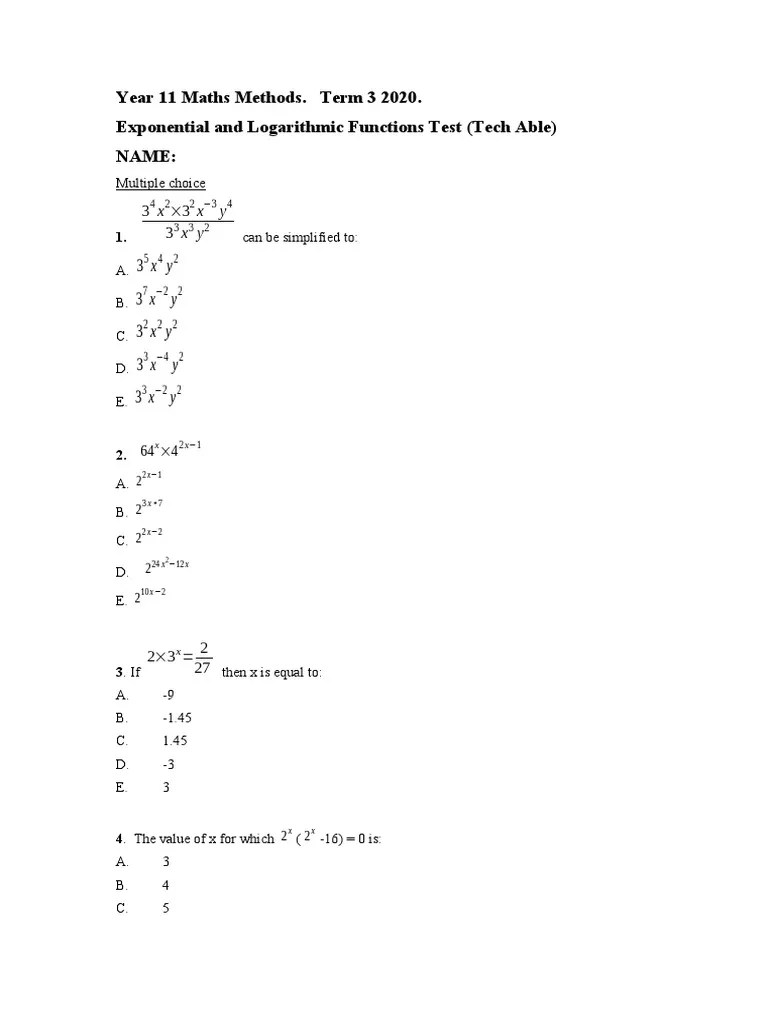 Exp And Log Test 2020 (TA) | PDF | Logarithm | Exponential Function