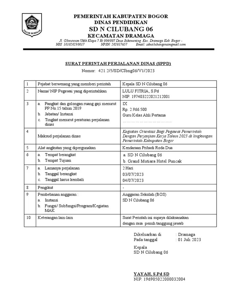 Surat Perintah Perjalanan Dinas (SPPD) Lulu F | PDF