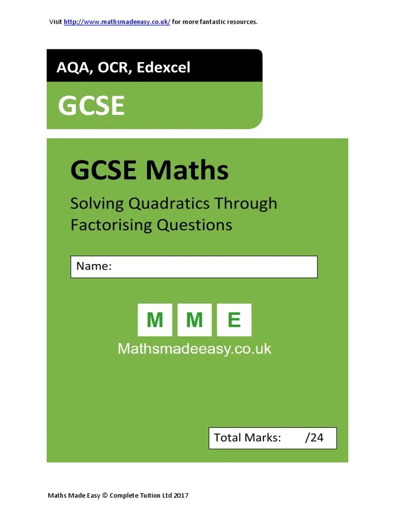 GCSE Maths Revision Solving Quadratics Through Factorising Questions | PDF