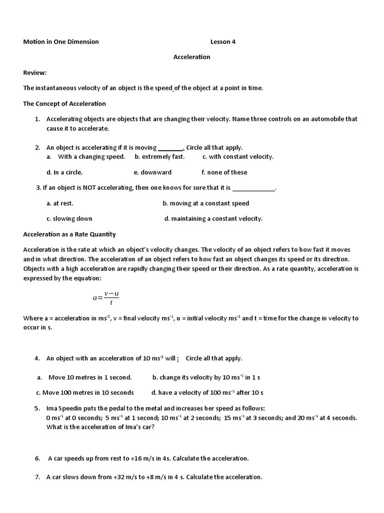 Acceleration Worksheet | PDF | Acceleration | Velocity