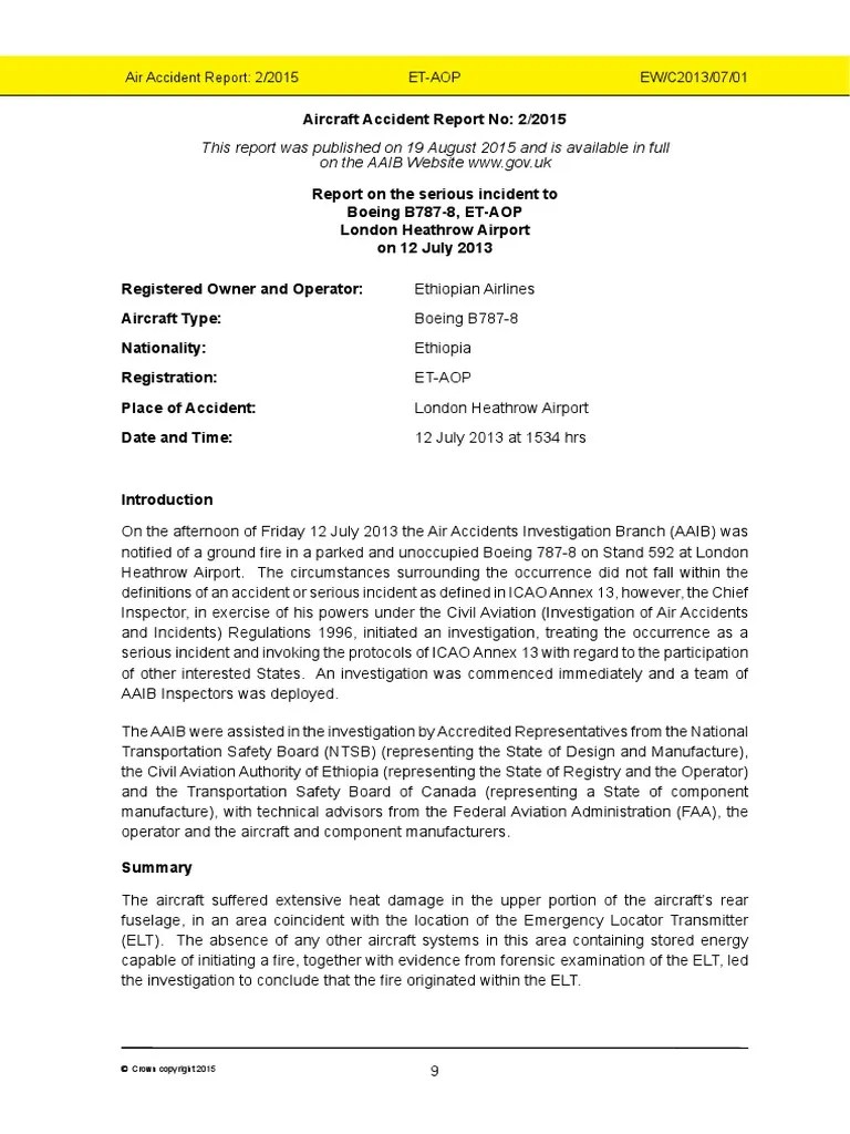 AAR 2-2015 Boeing B787-8 ELT Lithium Battery Incident | PDF | Federal ...
