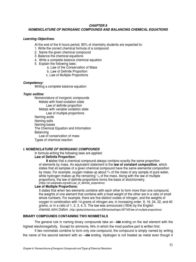 CHAPTER 6 NOMENCLATURE OF INORGANIC COMPOUNDS AND BLACING CHEMICAL EQUATIONS Converted 3 ...
