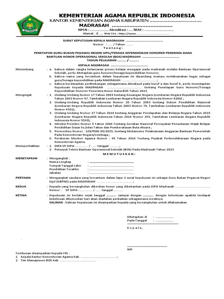 Contoh SK Pegawai Honor 2023 - Madrasah | PDF