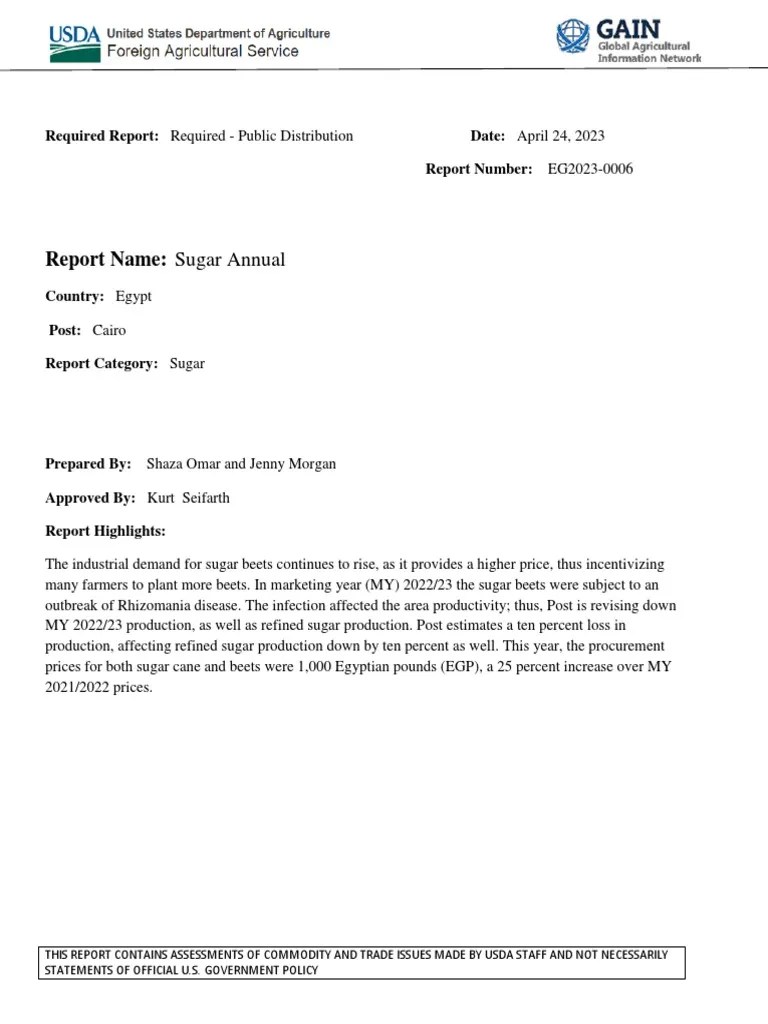 Sugar Annual Cairo Egypt EG2023-0006 | PDF | Sugarcane | Sugar Beet