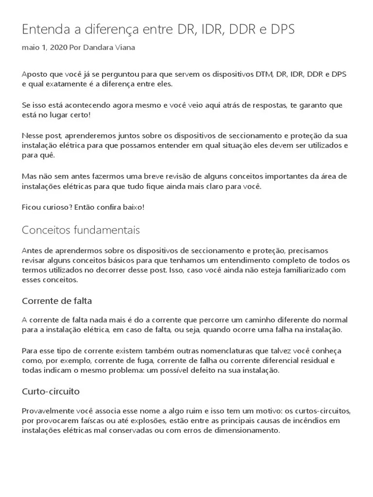 Entenda A Diferença Entre DR, IDR, DDR E DPS - Guia Da Engenharia | PDF | Corrente Elétrica ...