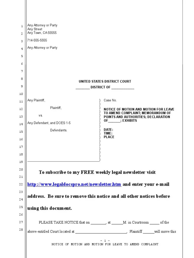 Sample motion for leave to amend complaint in united states district