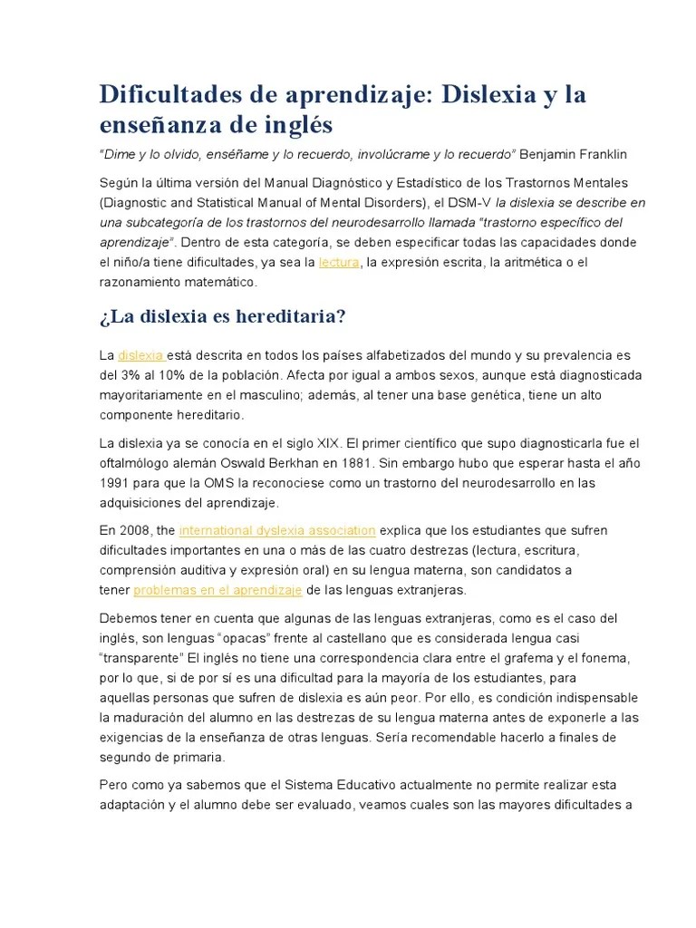 Dificultades De Aprendizaje Dislexia Y La Enseñanza De Inglés | PDF | Aprendizaje | Manual ...