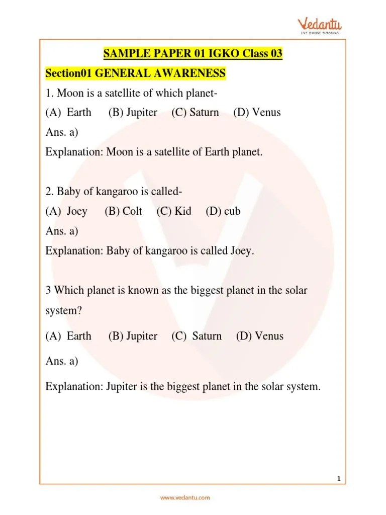 IGKO Olympiad Sample Question Paper 1 PDF With Answers For Class 3 | Download Free PDF | Planets