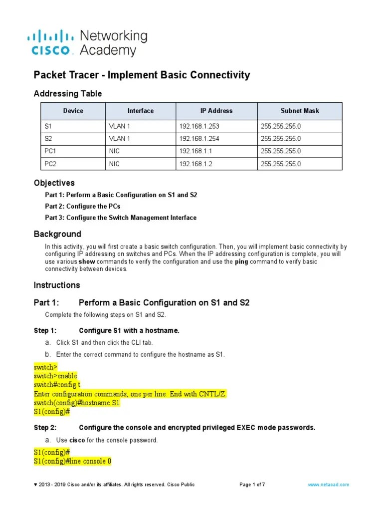 2.7.6 Packet Tracer - Implement Basic Connectivity | PDF | Ip Address ...