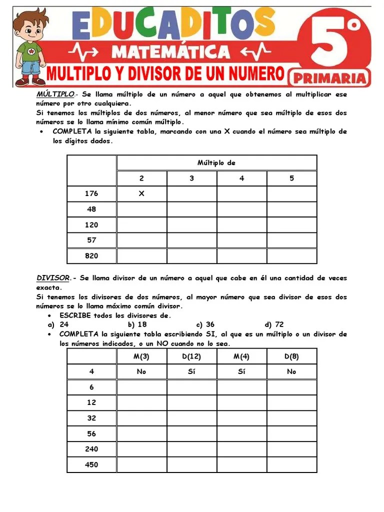Multiplo Y Divisor De Un Numero Para Quinto Grado De Primaria | PDF ...
