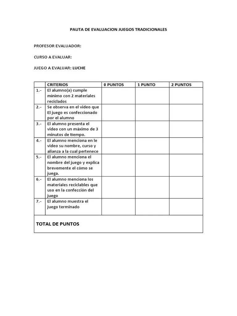 Pauta De Evaluacion Juegos Tradicionales 1o Y 2o Basicos | PDF