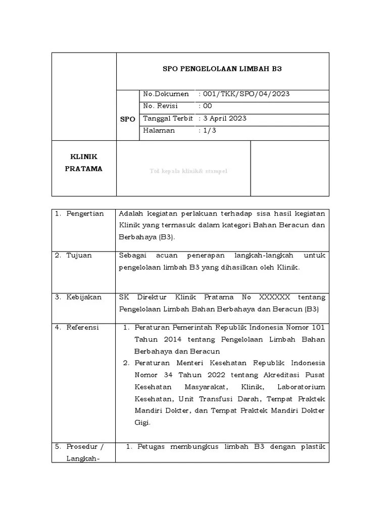SPO Pengelolaan Limbah B3 Klinik Pratama | PDF