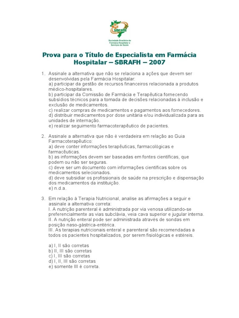 Prova Para O Título De Especialista Em Farmácia Hospitalar SBRAFH 2007 ...