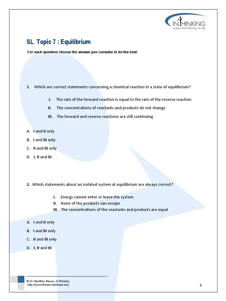 Equilibrium Multiple Choice | PDF | Chemical Equilibrium | Physical ...