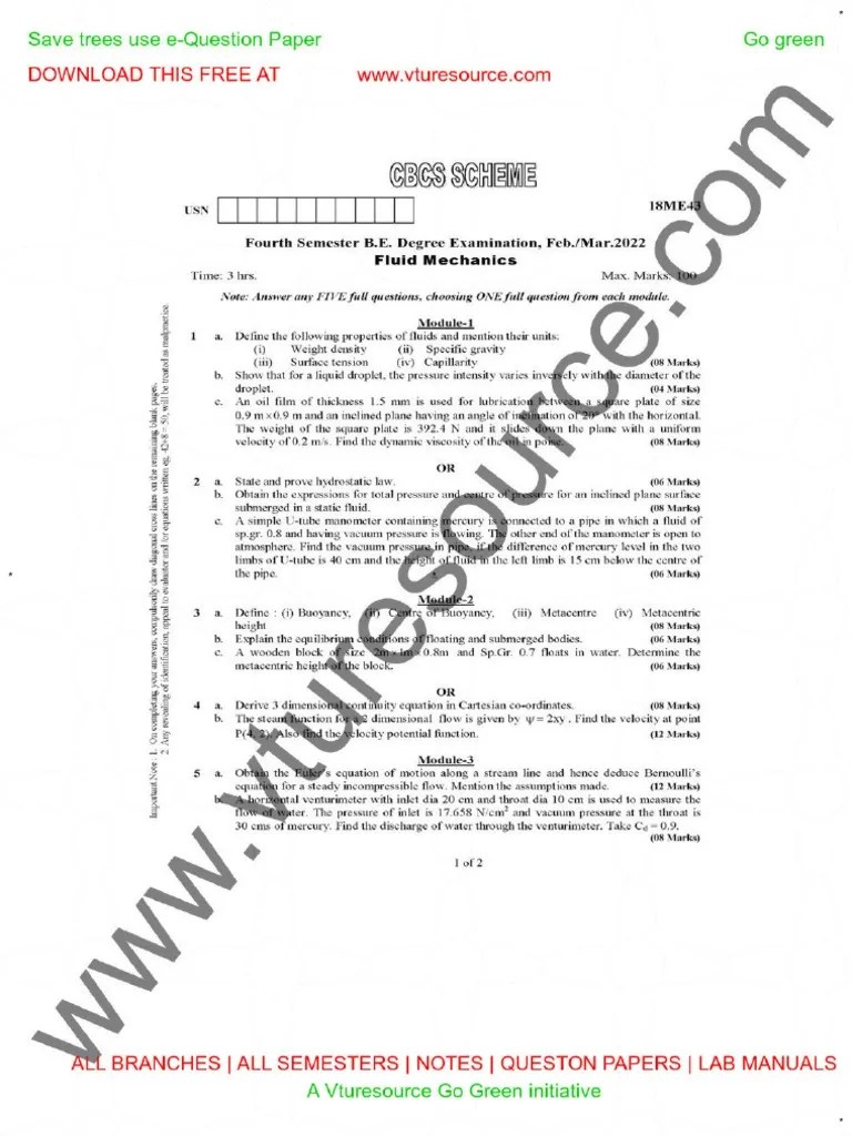 Fluid Mechanics Question Paper Mar-2022 | PDF