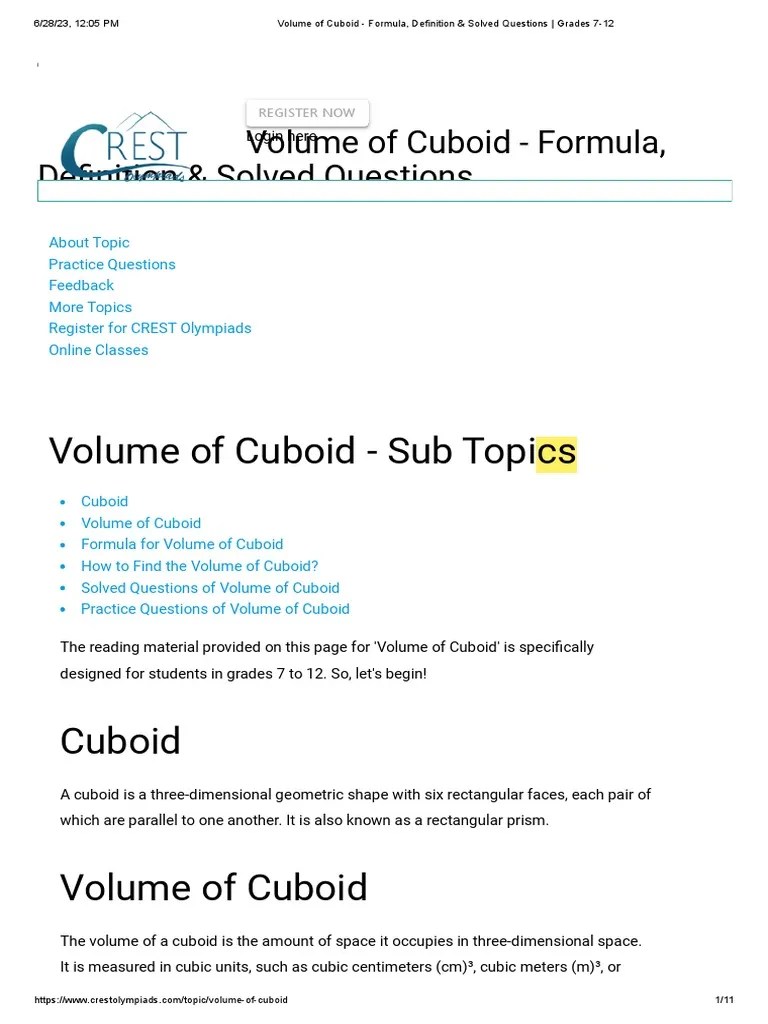 Volume Of Cuboid - Formula, Definition & Solved Questions - Grades 7-12 ...