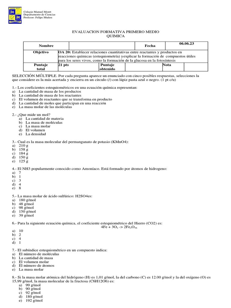 EVALUACION FORMATIVA 1 MEDIO Estequiometria | PDF | Estequiometría ...